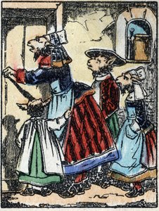 Illustrazione della fiaba "Il lupo, la capra e i sette capretti". Incisione su legno di Imaging Pellerin - Epinal, fine XIX secolo.