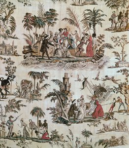 Illustrazioni di incidenti dal romanzo Paul et Virginie, Toile de Nantes, c.1800 (cotone stampato) da French School