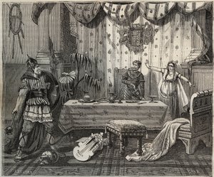 Nel 978 Lotario (941-986), re dei Franchi, entrò nel palazzo di Ottone II del Sacro Impero (955-983) e sua moglie Teofano (655-991) ad Aquisgrana, ma la famiglia imperiale riuscì a catturarlo. Illustrazione in "Parigi attraverso i secoli" di Knee-Lac. da French School