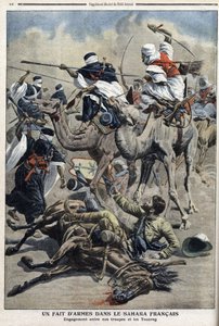 Nel Sahara inglese: combattimento tra truppe francesi e tuareg, illustrazione dal giornale "Le Petit Journal" del 17 marzo da French School