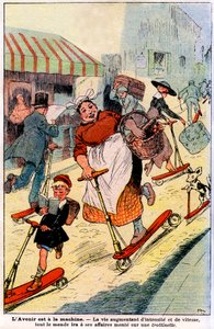 In futuro, con la vita che aumenta in intensità e velocità, tutti andranno al lavoro in scooter. 1919 (incisione) da French School