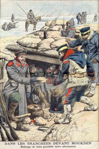 Nelle trincee davanti a Mukden, guerra russo-giapponese. Truppe giapponesi e russe che scambiano cibo e bevande. Illustrazione per Le petit Journal, 22 gennaio 1905