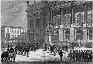 Inaugurazione del monumento sardo di Vincenzo Vela (1820-1891), in Piazza Castello a Torino (Italia) il 10 aprile 1859. Dietro la statua si trova il Palazzo Madama. Basato sugli schizzi del signor Ferry. Incisione in 