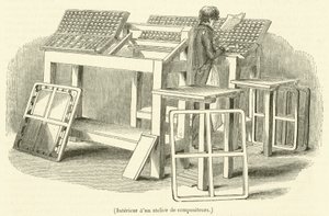 Interno di un atelier di compositori (incisione) da French School