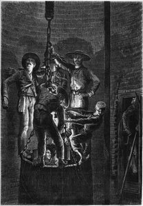 Aspetto interno di un pozzo di miniera di carbone: salita del cassone. 1861. Incisione in "Le Monde Illustré" n.238 del 2 novembre da French School