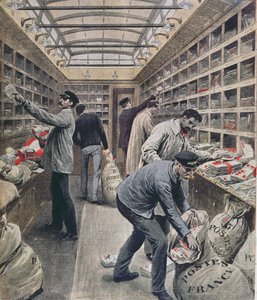Interno di un vagone postale ferroviario francese al tempo dello sciopero postale francese nel 1909, illustrazione da Le Petit Journal, 28 marzo 1909