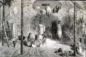 Interno di una capanna indiana negli anni 1860 (incisione) da French School