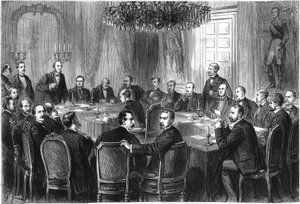 Congresso Internazionale della Guerra, Bruxelles, luglio-agosto 1874: delegati di 15 stati europei si incontrano per discutere la bozza di una Dichiarazione Internazionale sulle Leggi e le Consuetudini della Guerra. Incisione in "Le Monde Illustré" n.908 d da French School