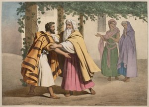 Giacobbe con Labano e le sue figlie, illustrazione da un catechismo L
