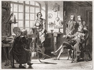 James Watt (inventore della macchina a vapore nel 1769) nel suo negozio di Glasgow - in "Album della Scienza; illustri scienziati; Grandi scoperte" 1896. da French School