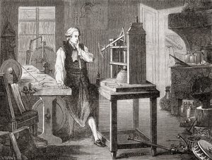 James Watt nel suo laboratorio di Glasgow migliora il motore a vapore di Thomas Newcomen del 1712 con il suo motore a vapore Watt nel 1781, da Les Merveilles de la Science, pub.1870 da French School