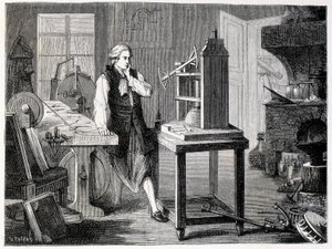 James Watt che studia il perfezionamento della macchina di Newcomen (1767) - in 