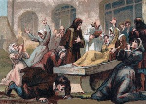 Giansenismo: i convulsionari (fanatici giansenisti) del cimitero Saint Medard sotto Luigi XV. Cromolitografia intorno al 1890 da French School