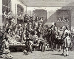 Giansenismo: i convulsionari del cimitero Saint-Médard sulla tomba del diacono Parìs (1690 - 1727) dove si verificarono "miracoli". Stampa del XVIII secolo da French School