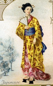Donna giapponese. Edizione della litografia parigina, fine XIX secolo. Serie di 25 cromolitografie pubblicitarie per la fabbrica di biscotti Pernot di Digione, creata nel 1869. (dettaglio)