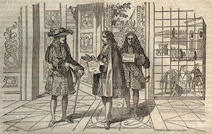 Jean Baptiste Colbert (1619-1683) in una riunione con il re Luigi XIV e François Louvois (1641-1691) a Versailles - incisione dopo Leclerc