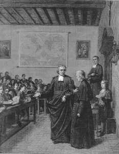 Jean Baptiste De La Salle (1651-1719) religioso francese, fondatore della congregazione dei Fratelli delle Scuole Cristiane, che mostra una delle sue scuole a M. de La Chétardie. Incisione della fine del XIX secolo da French School