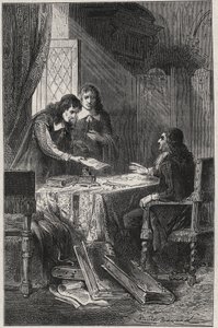 Jean Chapelain (1595-1674) poeta e critico letterario francese e Pierre Costar (1603-1660) consegnano a Jean Baptiste Colbert (1619-1683) una lista di scrittori meritevoli di pensione dal re - incisione in "Les Hommes Celebres de la France" di Louis Dumas da French School