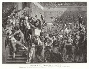 Jean Denis, conte Lanjuinais, al podio della Convenzione, Rivoluzione Francese, 2 giugno 1793 da French School