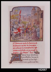 Giovanni di Gaunt accolto dai cittadini di Bayonne alle porte della città, dal Cronache di Froissart, fine XV secolo da French School