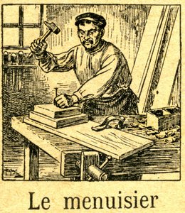 Falegname che pianta una punta (chiodo) con un martello in un assemblaggio di tavole sul suo banco. Incisione di un sillabario (libro di lettura) intorno al 1920. da French School