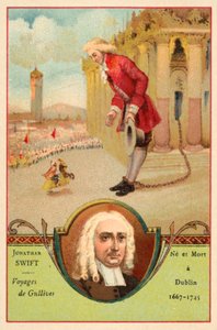 Jonathan Swift, autore irlandese, e una scena dal suo romanzo I viaggi di Gulliver