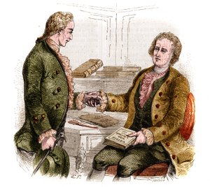 Joseph de Maistre (1753-1821), politico, scrittore e filosofo francese, e il Conte Xavier de Maistre (1763-1852), ufficiale e scrittore francese con la prima copia del "Viaggio intorno alla mia stanza". Disegno di foresta. Incisione del 1852