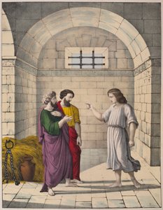 Giuseppe in prigione spiega i sogni del capo panettiere e del capo coppiere, illustrazione da un catechismo L