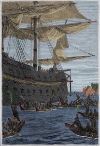 Viaggio di Samuel Wallis (1728-1795) in Polinesia: indigeni che tengono rami di banana in mano come saluto di benvenuto - illustrazione tratta da 