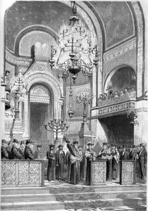 Giudaismo: ricevimento solenne del gran rabbino di Parigi, Zadoc Kahn (1839-1905), nella sinagoga di rue Notre Dame de Nazareth, il 13 gennaio 1869. Il gran rabbino intona la "Preghiera per l