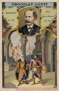 Jules Massenet, compositore francese, e una scena della sua opera Le Cid (cromolitografia)