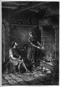 Re Alfredo il Grande (849-899) dimentica le torte preparate dalla casa danese sotto il suo tetto ad Athelney e le brucia, 878 (incisione) da French School
