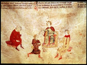 Re Artù sul suo trono circondato dai suoi consiglieri, dal Roman de Meliadus da French School