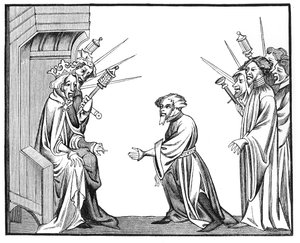 Re Carlo Magno riceve il giuramento di fedeltà e omaggio da uno dei suoi feudatari o alti baroni, da una miniatura in cameo delle Cronache di St. Denis da French School