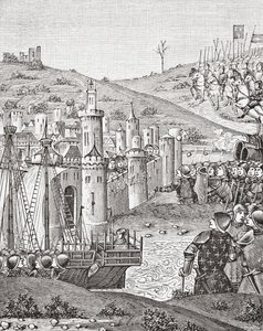 Re Carlo VII, lasciando Rouen, si prepara ad assediare la città di Harfleur, da una miniatura del manoscritto del XV secolo Chroniques de Monstrelet, da Scienza e Letteratura nel Medioevo di Paul Lacroix, pub. Londra 1878 da French School