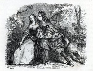 Re Luigi XIV e la sua amante Louise de La Valliere (incisione)