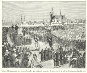 Re Filippo III di Francia che porta le ossa di suo padre, Luigi IX, alla sua sepoltura nella Basilica di St Denis, Parigi da French School
