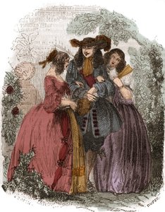 Re di Francia Luigi XIV (1638-1715) con Ortensia Mancini (1646-1699) e sua sorella Maria Mancini (1639-1715). Nipoti di Mazzarino. Incisione del XIX secolo. da French School