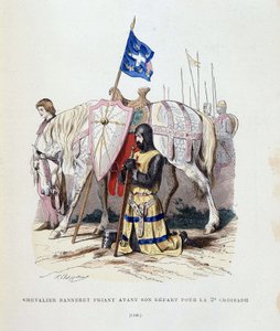 Cavaliere banneret che prega prima della partenza per la seconda crociata - incisione da French School