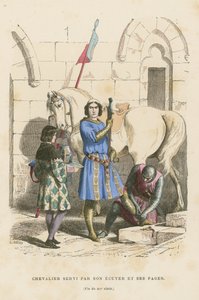 Cavaliere assistito dal suo scudiero e paggio, fine XII secolo da French School