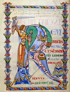 Cavaliere che combatte il drago - lettrine R (iniziale), Miniatura dal manoscritto "Moralia in Job", Morales sur Job di San Gregorio, dall