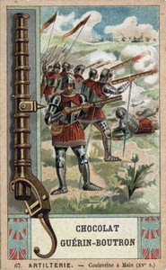 Cavaliere che manovra una coulevrine a mano del XV secolo. Cromolitografia del XIX secolo dei cioccolati Guérin-Boutron.