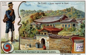 Corea: Palazzo Imperiale di Seoul e costume del soldato - cromolitografia Liébig, ca. 1900 da French School