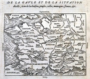 La Gallia, i suoi fiumi e le sue montagne - in "La Cosmographie universelle du bout du monde" di François de Belle Forest, ed. Sonnius, Parigi da French School