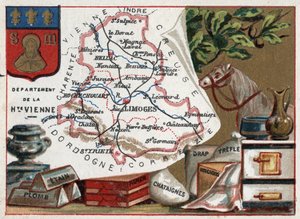 La Haute Vienne (Haute-Vienne, 87), Limousin, Francia. Stagno, piombo, carta di castagno, foglio, trifoglio e fazzoletti. Serie sui dipartimenti francesi. Cromolitografia, circa 1920. Collezione privata.
