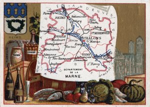 La Marne (51) in Champagne Ardenne (Champagne-Ardenne), Francia. Specialità locali: champagne e la Cattedrale di Reims. Serie sui Dipartimenti Francesi. Cromolitografia "il filo geografico", circa 1920. Collezione privata da French School