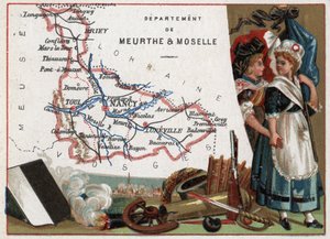 La Meurthe et Moselle (Meurthe-Et-Moselle, 54), Lorena, Francia. Ritratto di due donne rivoluzionarie. Serie sui Dipartimenti Francesi. Cromolitografia "il filo geografico", circa 1920. Collezione privata