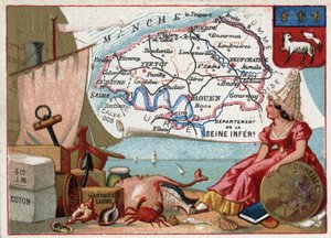 La Seine Inferieure, ora Seine Maritime (76), Alta Normandia, Francia. Specialità locali: cotone, sidro, aringhe affumicate. Ritratto di Pierre Corneille (1606-1684), drammaturgo francese. Serie sui dipartimenti francesi. Cromolitografia