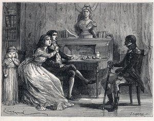 Il Terrore durante la Rivoluzione Francese: Camille Desmoulins (1760-1794), imprigionato, riceve la visita della moglie Lucile (1770-1794) e del maresciallo Guillaume Brune (1763-1815) da French School