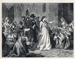 La Terreur durante la Rivoluzione francese: Madame Jeanne Marie Roland de la Platiere (1754-1793) lascia la prigione della Conciergerie per andare davanti al Tribunale Rivoluzionario nel 1793. I suoi codetenuti si inginocchiano al suo passaggio.